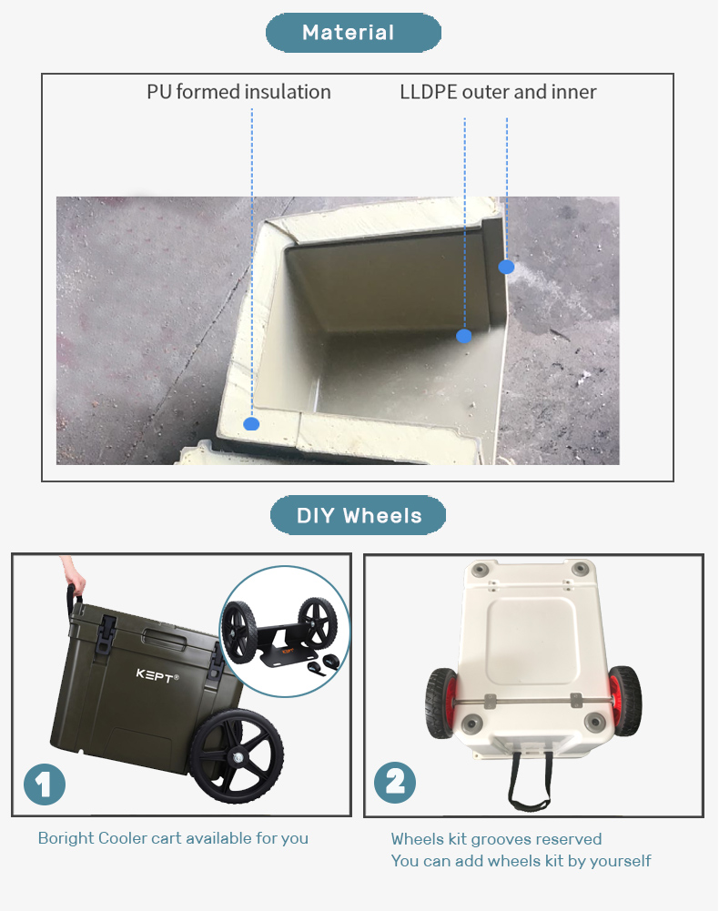 Cutaway view of Boright 65QT rotomolded cooler showing food-grade LLDPE shell and pressure-injected PU foam insulation