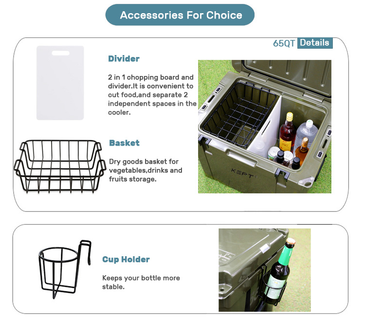 Optional accessories for Boright 65QT rotomolded cooler: dry goods basket and divider that works as a cutting board